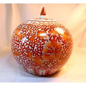 VTG Coral Orange and White Twisted Lotus Porcelain Melon Jar 10" Hand Painted